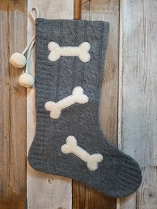 Loving Kindness grau elfenbein Strick 19" Haustier Hund Weihnachten Strumpf Filz Design  - Bild 1 von 4