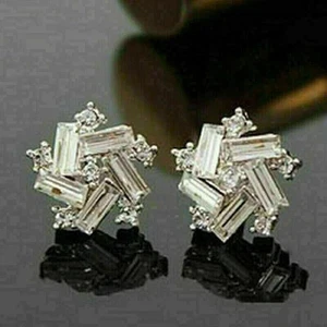 2Ct Baguette Cut Lab-Created Diamond Cluster Stud Earrings 14K White Gold Plated - Picture 1 of 6