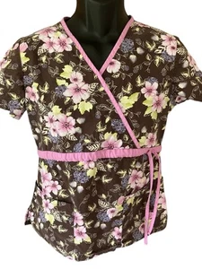 Dickies Scrub Top Women's Small Brown Pink Flowers Trim V-Neck Short Sleeve - Picture 1 of 7