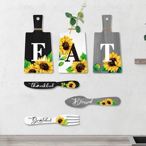 Set of 6 Sunflower Kitchen Decor Sets Eat Signs Fork and Spoon Wooden Wall Hangi - Picture 1 of 12
