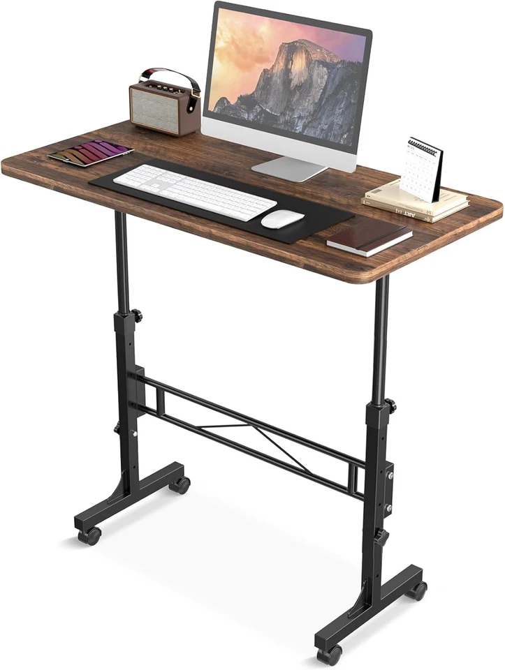 Small Standing Desk Adjustable Height, Mobile Stand Up Desk with Wheels, Rustic - Image 1 of 4