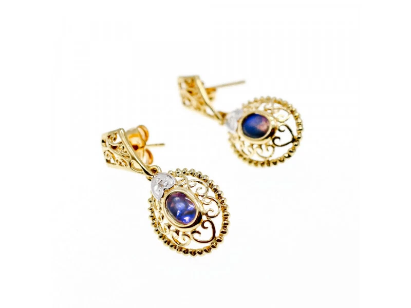 14K YELLOW GOLD MOONSTONE & DIAMONDS EARRINGS - Image 1 of 4