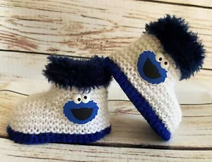 Baby Boy Girl Hand Knitted Crochet Booties Boots Cookie Monster Muppets 0-12M - Picture 1 of 2