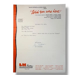 1953 Leo Freedman Leland Hayward "Wish You Were Here" Signed Performance Letter - Picture 1 of 2