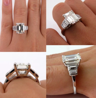 Кольцо с одним бриллиантом огранки багет 4 карата покрытие белым золотом 18 карат - Изображение 1 из 4