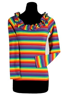 THETRU Streifenshirt bunt m Rüschen Ringelshirt Damen Rainbow Karneval Kostüm Fasching