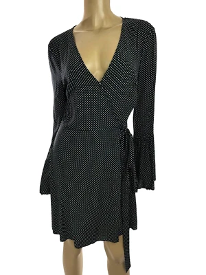 Vestido BCBG Envolvente Talla S Negro con Lunares Blancos Mangas Largas Belle Corbatas en la Cintura Cuello en V Foto 1 de 4