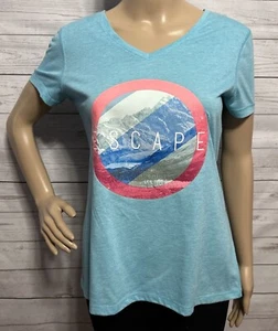 Athletic Works T-Shirt Medium Blue Hot Pink Mountain Escape Print V-Neck Casual - Picture 1 of 12