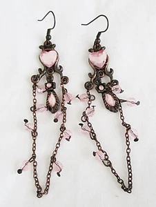 Vintage rosa Perlen Kupfer Baumeln Design Französisch Haken #L105 Ohrringe - Bild 1 von 2