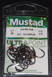 25 Mustad 94140NP-BN Size 1/0 Ultra Point Live Bait Hooks 94140NPBN-10 - Picture 1 of 2