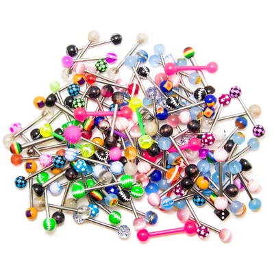 100Pcs Straight Barbells 14ga Acrylic Tongue Rings Surgical Steel Mix Piercing - Image 1 of 4