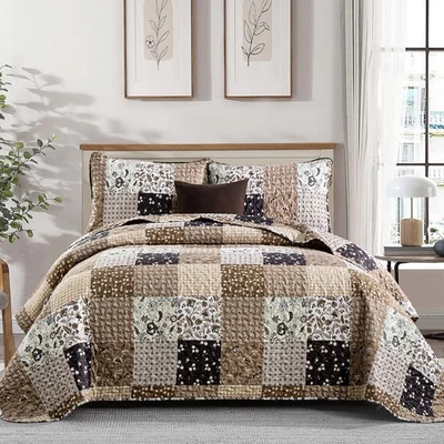 Brown Quilt Set King Boho Patchwork Bedspread Floral Coverlet Reversible Bed ... - Image 1 of 4