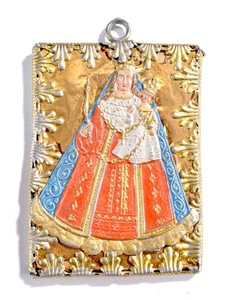 Vintage 19. ca. Orthodoxe Ikone Anhänger - bemalt Gold Jungfrau Maria & Jesus Christus - Bild 1 von 7