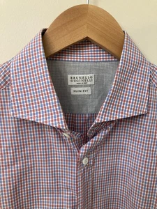 EUC Brunello Cucinelli Button Down Shirt Blue/Red Grid 16.5/42 - Picture 1 of 18