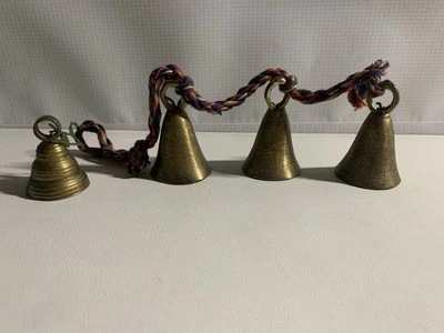 Vintage Rustic India 3 Brass Bells On Rope, Great Sound + Additional Bell - Image 1 of 4