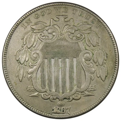 1867 No Rays Shield Nickel AU+ ALMOST UNC Condition Circulated A2025 - Image 1 of 2