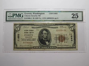 $5 1929 Everett Washington WA National Currency Bank Note Bill #11693 VF25 PMG - Picture 1 of 5