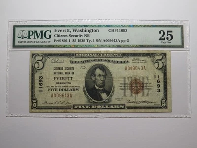 $5 1929 Everett Washington WA National Currency Bank Note Bill #11693 VF25 PMG - Image 1 of 4