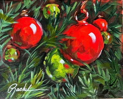 Акриловая картина 8 X 10 подписанные рождественские елочные красные и зеленые праздничные украшения - Изображение 1 из 4