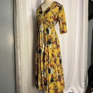 womens yellow floral button Down Midi Glory Dress V Neck 3/4 Sleeve Sz M - Picture 1 of 16