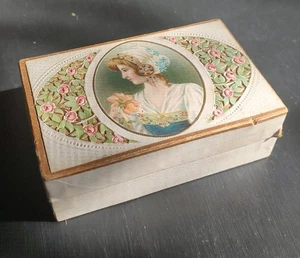 Antique C. 1911 Embossed Paper Candy Box Girl Roses Pencil Writing Estate Find - Picture 1 of 9