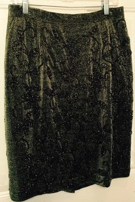Falda Carmen Marc Valvo 12 Negra Pizarra Metálica Adornada Línea Hasta la Rodilla Foto 1 de 4