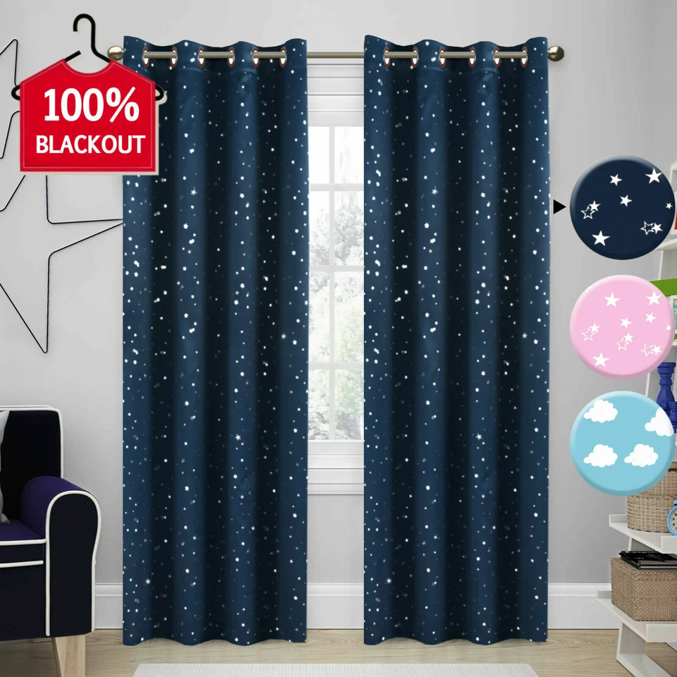 1 Pair Kids Curtains Blockout Eyelet Blackout Kids Bedroom Curtains Star Pattern - image 1 of 1