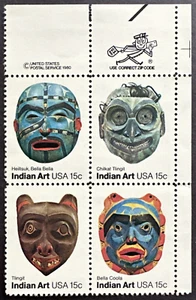 US 1980 Sc# 1834a Corner Zip Block of 4 MNH OG Pacific Northwest Indian Masks - Picture 1 of 2
