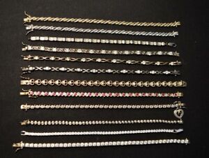Lot of 12 Preowned STERLING SILVER Tennis Bracelets - Silver and Gold Tone