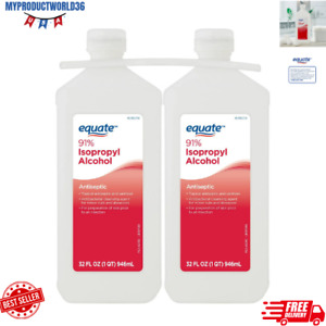 2 Pack Antiseptic EQUATE 91% Isopropyl Rubbing Alcohol Antibacterial 32 Oz Each