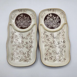 Tara Temptations Snack Serving Trays Chip & Dip in Floral Lace Brown Lot of 2 - Picture 1 of 7