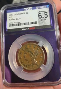 VAULTBOX PURPLE CORE 1857 LARGE DATE 1C N-1 FUNBOX VF 6.5 BROWN - Picture 1 of 2