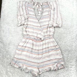 American Eagle Striped Ruffled Romper Lined Blue Pink Womens Large NEW - Picture 1 of 10