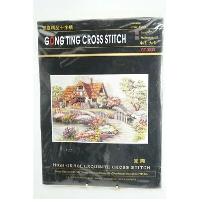 Counted Cross Stitch Kit Tudor Cottage Garden Picture Flowers Bridge Gong Ting - Image 1 of 4