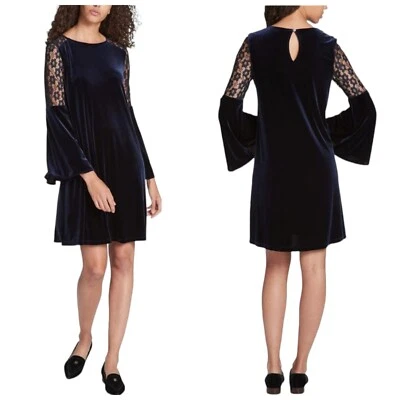 Nuevo con etiquetas Vestido para mujer Tommy Hilfiger Aspen Club Terciopelo Crochet Encaje Sky Captain Foto 1 de 4