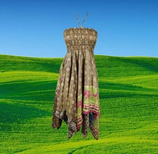Womens Summer Travel Dresses, Green Boho Beach Dress, Halter Dresses Printed S/M