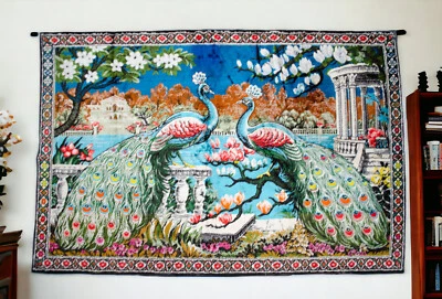 Peacock Pattern Vintage Wall Rug Rayon Tapestry 47" x 70" Vintage Wall hanging - Image 1 of 4