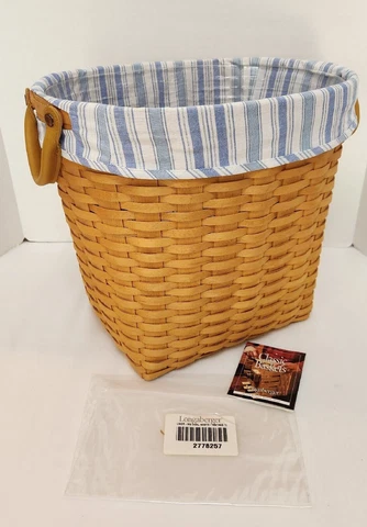 Longaberger 2000 Medium Oval Waste Basket+Protector+Vintage Ticking Fabric Liner Cover
