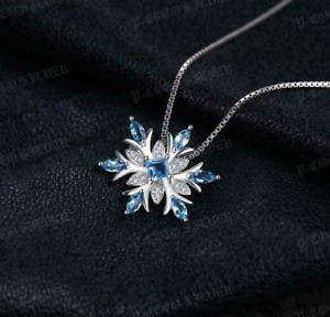 1Ct  Simulated Blue Topaz & Diamond Snowflake Pendant Gift925 Silver Gold Plated