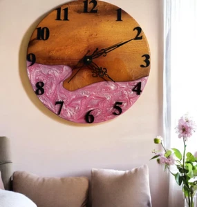 15" Elegant Pink Epoxy Resin Wall Clock || Custom Made Living Room Interior Dec - Picture 1 of 5
