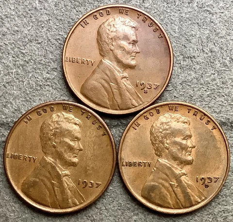 1937-p 1937-D 1937-S * Lincoln Wheat Cents (3 Coins) ~ X047 Cover