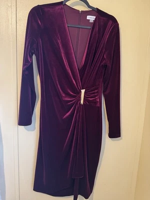 Calvin Klein Elegant Maroon Velvet Faux Wrap Easy Fit Sheath Dress Size 10 - Image 1 of 4