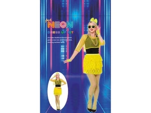 Neon Yellow 80s Costume Accessory Kit Halloween Mesh Tutu Gloves Headband Retro - Picture 1 of 1