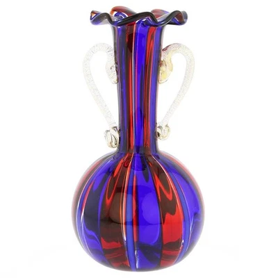 GlassOfVenice Murano Glass Small Vase With Handles - Blue and Red Stripes - Image 1 of 4