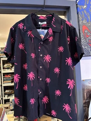 Hawaiian Shirt, Adult M, Sensations ￼ black with hot pink palm trees - Image 1 of 4