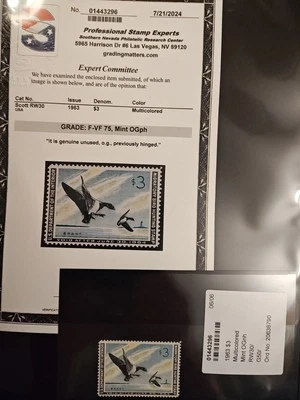 Certified PSE-#RW30 1963 - US Federal Duck Stamp - Mint OG NH ( F - VF ) - Image 1 of 4