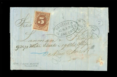 COLOMBIA 1879 SANTA MARTA to US (NY) "RECEIVED IN BAD ORDER"+ #J4 5¢ POSTAGE DUE - Image 1 of 2