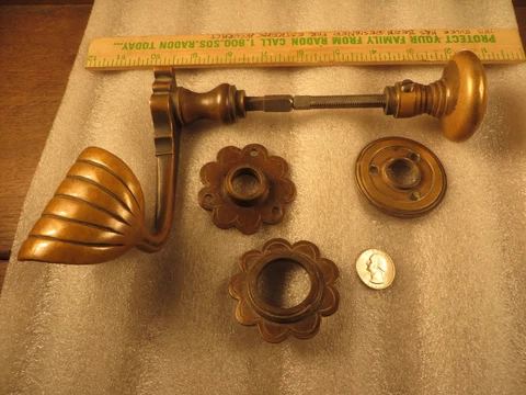 Antique Ornate Bronze Door Handle / Lever / Knob w / Rosettes Spindle Lock Cove Cover