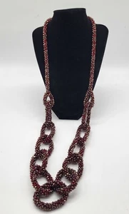 Chico's Red Gold Glass Bead Long Necklace Chunky Chain Link Statement - Picture 1 of 7