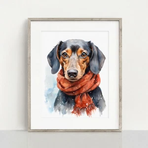 Dachshund in a Winter Scarf Print, Watercolour Painting, Pet Portrait - Picture 1 of 10